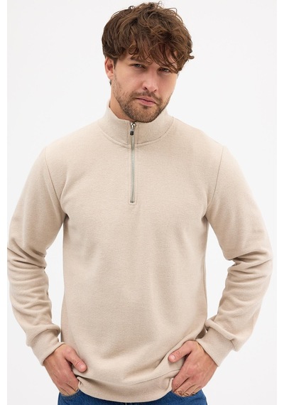 Mmetalic Erkek Bej Standart Fit Normal Kesim Pamuklu Yarım Fermuarlı Dik Yaka Pamuklu Sweatshirt Bej