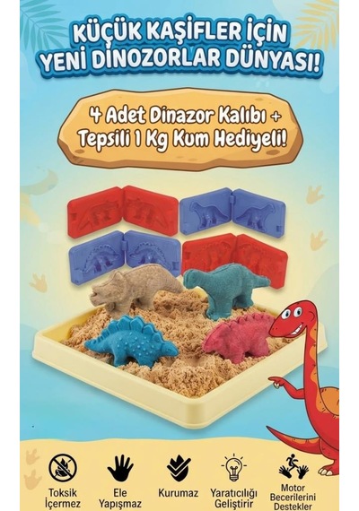 3d Kalıplı Dinazor Kinetik Kum Set- Kum Havuzu 1000 Gr Kum 4 Adet Kalıp Set