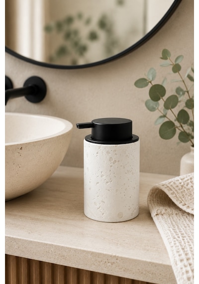 Terra Stoneware Traverten Dokulu Siyah Pompalı Dekoratif Sıvı Sabunluk 500 Ml , 13 X 7.5 Cm Beyaz
