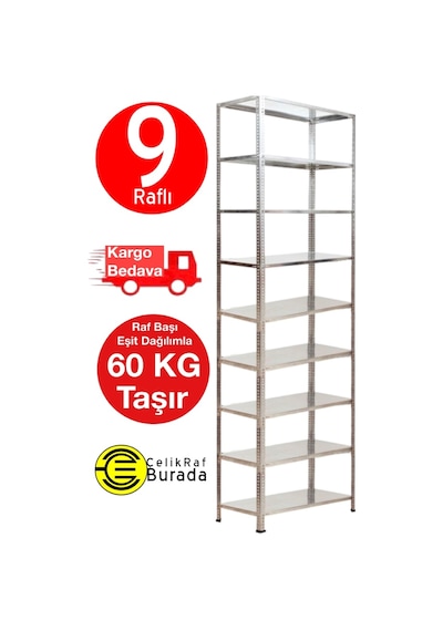 Açıkmağazam Galvanizraf 9 Katlı Galvaniz Çelik Raf Arşiv Depo Kiler Rafı
