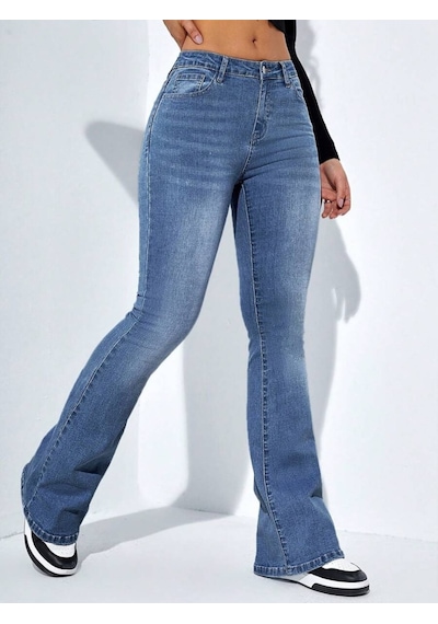 Soonaksesuar Kadın Yüksek Bel Cepli İspanyol Paçalı Kot Jeans Pantolon Mavi