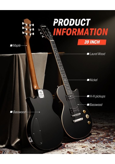 Donner Lp Elektro Gitar Kiti Tam Boy Gitar Başlangıç Seti 90 Cm 39 İnç Tek Parça Gövde, Çanta, Askı, Tel Lp Stili, Siyah