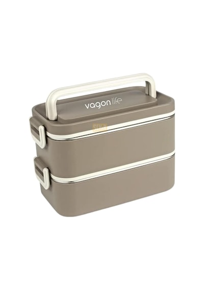 Vagonlife Bento 2000ml Lunchbox 2 Katlı 3 Bölmeli Mini Kaseli Çelik Sefer Tası Yemek Kutusu Kahverengi Genel