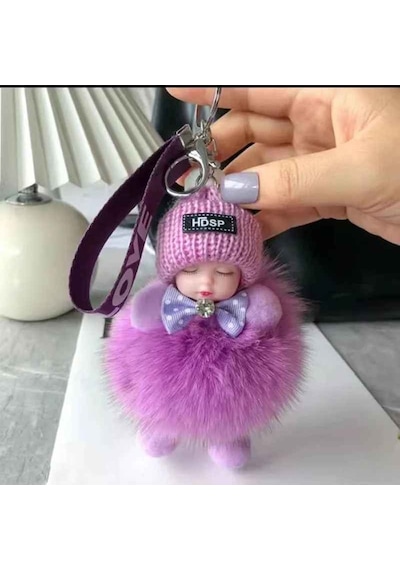 Sevimli Ponpon Uyuyan Bebek Peluş Kadın Kız Araba Çanta Anahtarlık Aksesuar Pembe