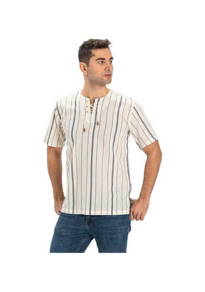 Eliş Şile Bezi Büyük Beden Kısa Kol Şile Bezi Zımbalı Erkek Yazlık Tshirt Ekru Gri Çizgili 3028 Ekru Gri Çizgili Ekru - Gri