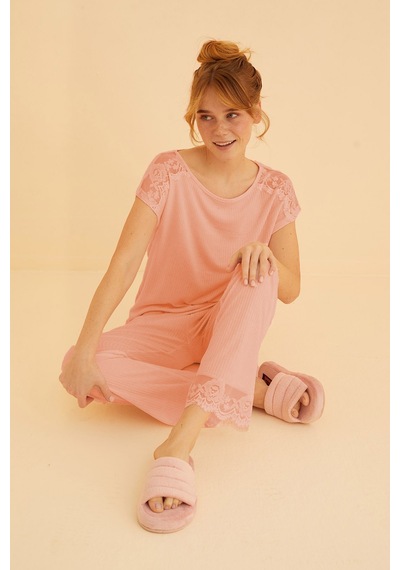 Siyah İnci Dantel Detaylı Soft Touch İnce Örme Pijama Takım Pudra
