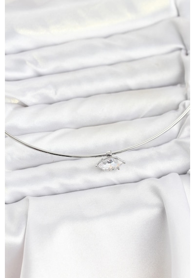 Pirinç Gümüş Renk Choker Model Zirkon Taşlı Kadın Kolye Açık Mavi