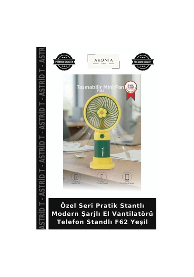 Özel Seri Pratik Stantlı Modern Şarjlı El Vantilatörü Telefon Standlı F62 Yeşil