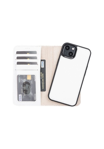 Apple Uyumlu  iPhone 13 Deri Cüzdanlı Kılıf F3 Beyaz