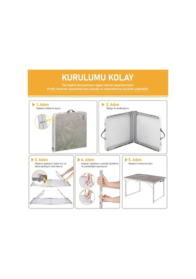 Portatif Kamp Masası, 2 Yükseklik Ayarlı, Katlanır Piknik Masası, Kolay Taşınabilir Alüminyum Masa - 90x50 - Mer Genel