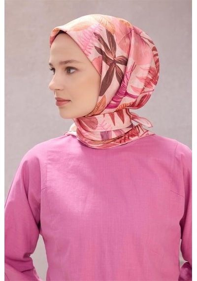 Belli Tivil Saf İpek Eşarp 4225 - 03 Pembe Çiçek Desen Pembe