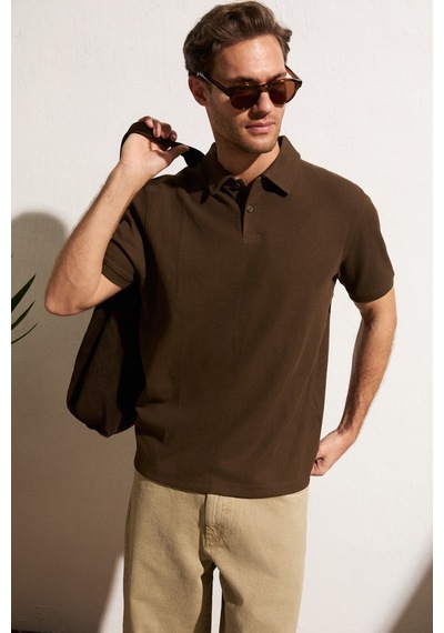 Grımelange Mınnutu Erkek Organik Pamuklu Polo Yakalı Regular Fit Kahverengi T-shirt