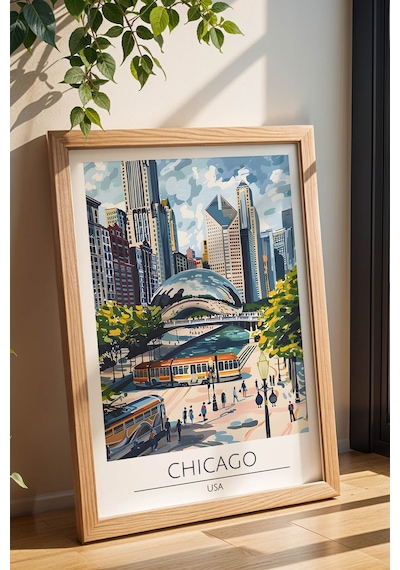 Abd Chicago Temalı Çerçeveli Tablo Travel Serisi Modern İllüstrasyon Şehir Duvar Dekoru Kayın