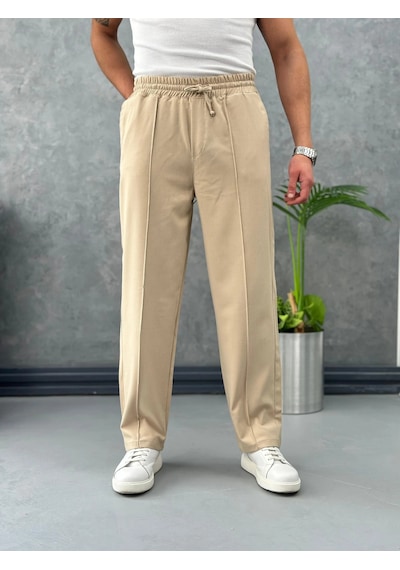 Modefendi Çizgi Dikişli Baggy Kalıp Jogger Pantolon Krem