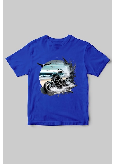 Motorcu Temalı Chopper Motorsiklet Ve Deniz Baskılı Regular Fit %100 Pamuk Bisiklet Yaka T-shirt Saks Mavi