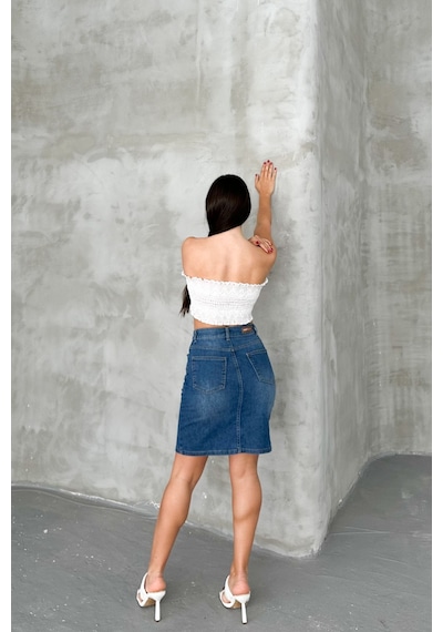 HLT Jeans Açık Mavi Kadın Regular Fit Yüksek Bel Orta Boy Denim Kot Etek Alice-4003 Açık Mavi