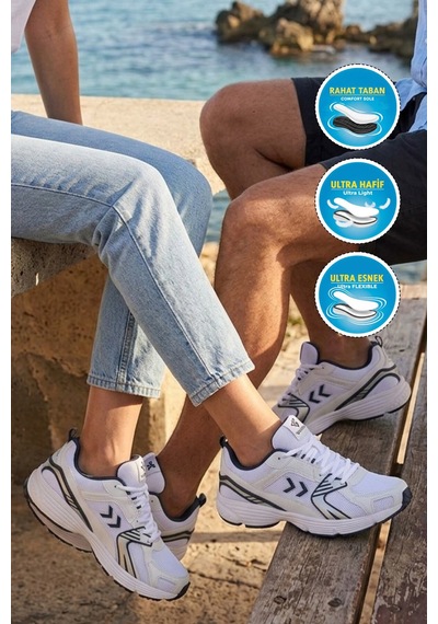 Beyaz Lacivert Dar Kalıp Fileli Unisex Spor Ayakkabı Çok Renkli