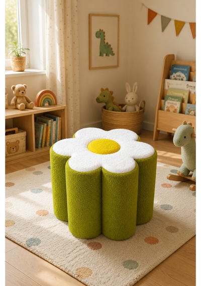 Minimal Puf Berjer, Papatya Teddy Peluş Puf Sarı - Yeşil Sarı - Yeşil