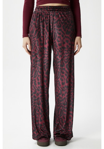 Ritnice Kadın Hide Kadife Bel Lastikli Cepli Bordo Leopar Pantolon Bordo Leopar Bordo