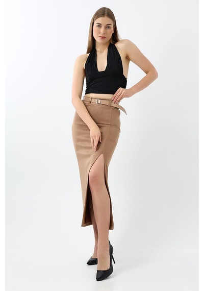 Winmoda34 Kadın Uzun Kemerli 92cm Maxi Boy Yırtmaçlı Süet Etek Bej