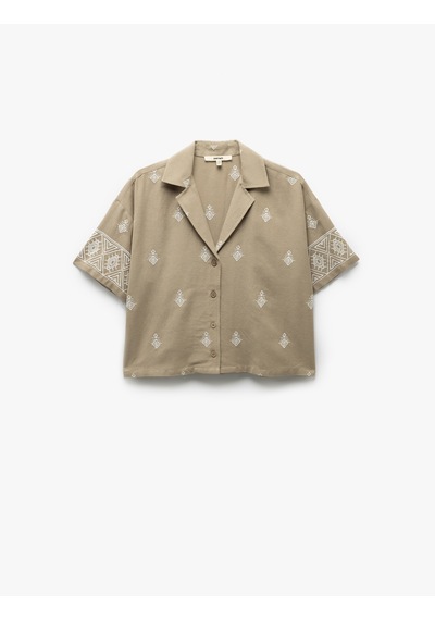 Koton Viskon Etnik Desenli İşlemeli Kısa Kollu Oversize Crop Gömlek Haki 5sak60094pw Haki