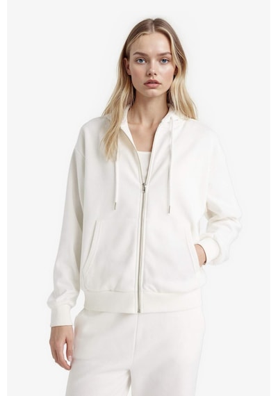 Defacto Relax Fit Kapüşonlu Cepli Basic Düz Fermuarlı Sweatshirt C1809AX24WNER105 Ekru