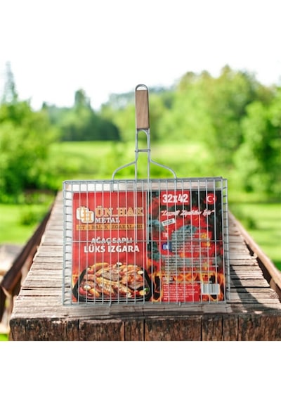 Mangal Aksesuar Seti 3 Parça,ahşap Saplı Tel Izgara 32x42cm -kömür Köz Maşası -mangal Piknik Yelpaze