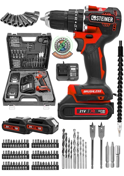 Steiner 21 V Darbeli Profesyonel Kömürsüz Motor Metal Şanzıman Çift Akülü Şarjlı Vidalama Matkap 84 Parça Kırmızı