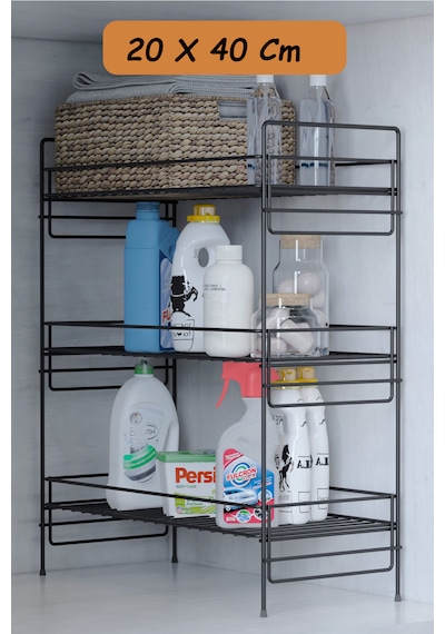 3 Katlı Evye Tezgah Altı Raf Banyo Mutfak Dolabı Çok Amaçlı Düzenleyici Deterjanlık Organizer 20x40 Siyah