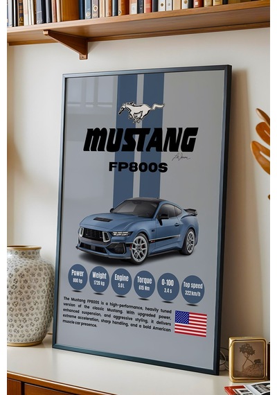 Mustang Fp800s Araba Tablosu - Teknik Özellikli Otomobil Poster - Çerçeveli Duvar Dekoru Siyah