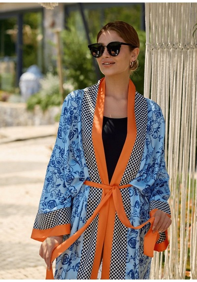 Mayovera Kimono - Mavi Çiçekler Tasarım Çok Renkli