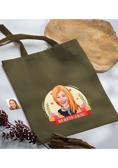 Bk Gift Kişiye Özel Anneler Günü Karikatürlü Haki Kumaş Bez Çanta, Baskılı Omuz Çantası, Alışveriş Çantası, Anneye Hediye-6 Haki