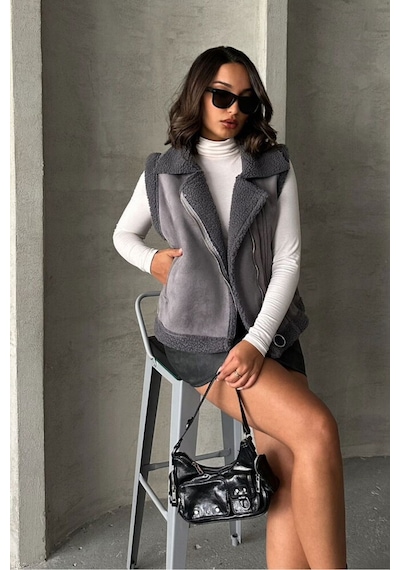 Verymoda F Suet Yakası Kürklü Yelek Vmf1532 Gri Gri