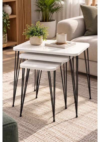Sulorahome Metal Tel Zigon Sehpa Takımı Beyaz 3'lü