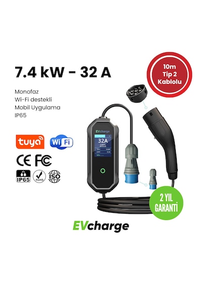 Evcharge 7.4 Kw Elektrikli Araç Şarj Cihazı 10mt Tp2 Kablolu, Ip65