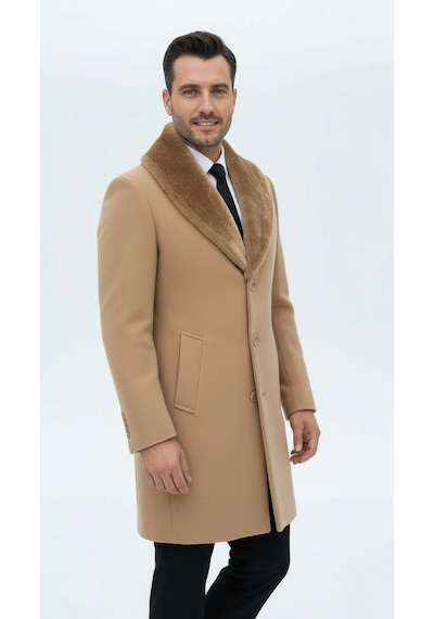 Plus Scorpion Erkek Uzun Kaşe Kaban Çıkartılabilir Kürk Yaka, Astarlı Ve Cepli Slim Fit Mont Bej, Gri, Siyah, Taba Bej