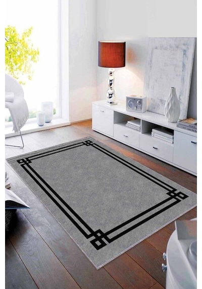 Gri Çerçeveli Kaymaz Tabanlı Makinede Yıkanabilir Halı Rv060n11