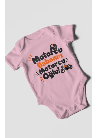 Morivokids Motorcu Babanın Motorcu Oğlu Kısa Kollu Bebek Body %100 Pamuk Koyu Pembe