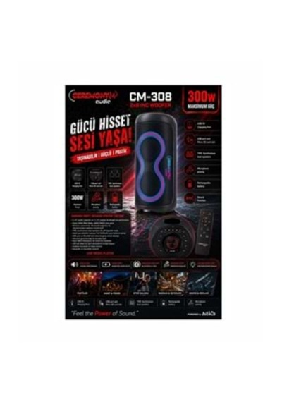 Ceremony Audio Cm-308 Taşınabilir Bluetooth Parti Hoparlör 2x8 Inç Woofer 300watt Tws Disco Lights