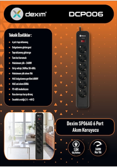 Dexim Sp06ag 6'lı 1.8 M Akım Korumalı Priz