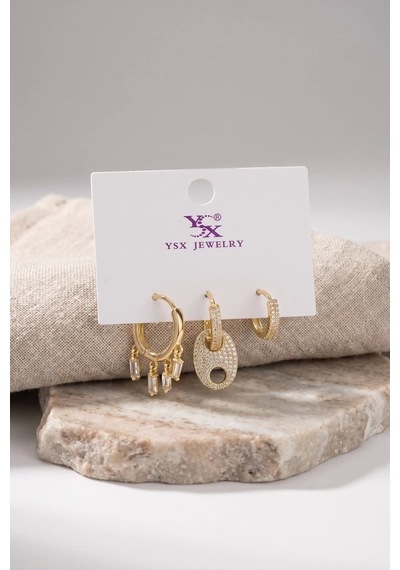 Pirinç Gold Renk Zirkon Taşlı Kadın Küpe Seti Tj-bkp12193 Çok Renkli