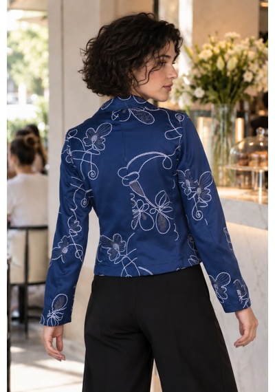 Armonika Kadın Lacivert Kruvaze Yaka Desenli Crop Ceket Arm-27k001025