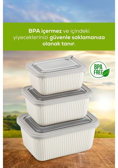 Vienev 3'lü Vip Dikdörtgen Mikrodalga Ve Difrize Uygun Saklama Kabı Seti Bej 1x 1750,1050,600 Ml Bej