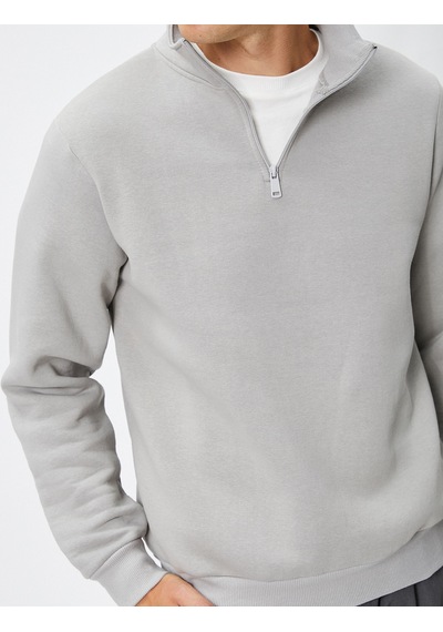 Koton Yarım Fermuarlı Sweatshirt Dik Yaka Uzun Kollu Şardonlu Gri 4wam70024mk Gri