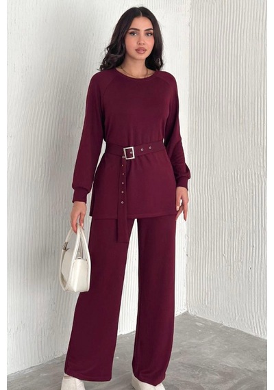 Ded Collectıon Kadın Modal Kumaş Kemer Detaylı Uzun Kollu Tunik Bol Paça Pantolon Takım Bordo Ded Collectıon Kadın Modal Kumaş Kemer Detaylı Uzun Kollu Tunik Bol Paça Pantolon Takım Bordo