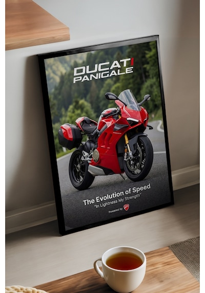 Ducati Panigale Siyah Ahşap Çerçeveli Poster, Dekoratif Motosiklet Duvar Tablosu