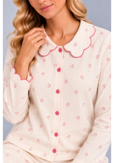 Pijamask Kadın Çiçek Desenli Bebe Yaka Düğmeli Uzun Kollu Müslin Pijama Takımı Ekru