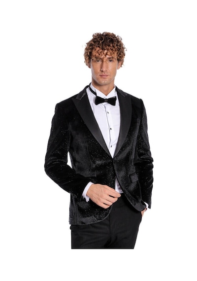 Simli Slim Fit Kadife Siyah Erkek Smokin Ceket - Wessi Siyah