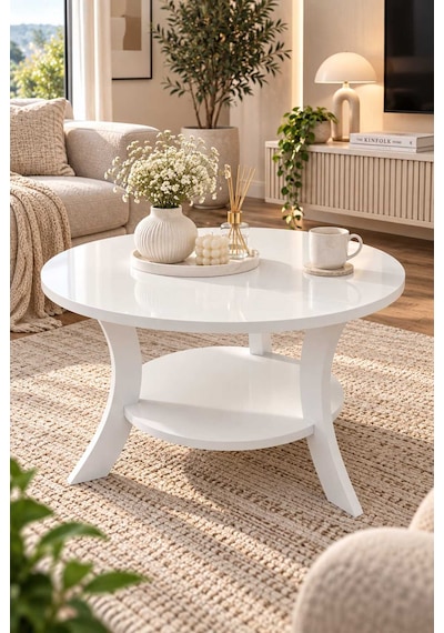 Orta Sehpa Beyaz 75 Cm Çap - Mdf Ayak 46 Cm Yükseklik Modern Orta Sehpa Beyaz