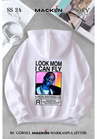 Macklin Unisex Kadın Erkek Cactus Jack Özel Tasarım Baskılı Kapşonlu Sweatshirt Beyaz1 Mck0739 Beyaz